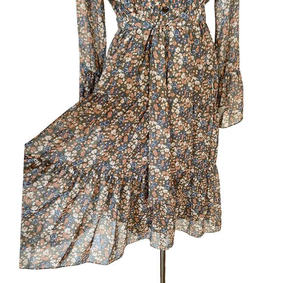 MIKAEL AGHAL Floral Shirt Dress Button Down Midi Crepe Chiffon Belt Tiered 6 NWT - Picture 6 of 12